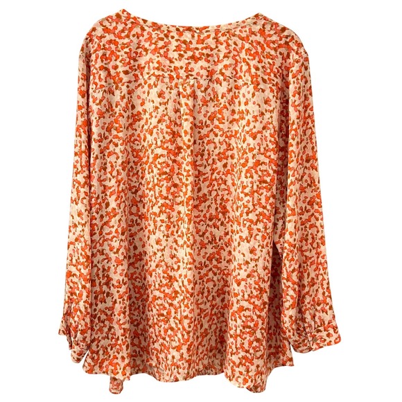 Talbots Woman 3X Orange Abstract Floral Pintuck Split Neck Blouse Long Sleeve - Picture 15 of 16